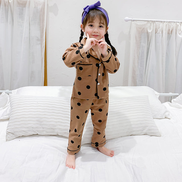 Girls Polka Dots Printed Lapel Collar Shirt With Pyjama