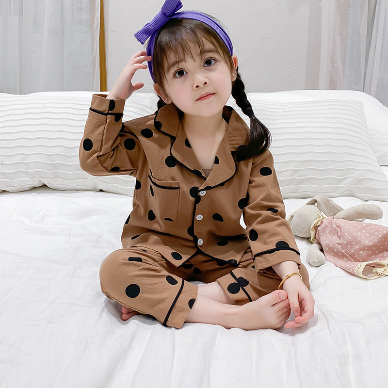 Girls Polka Dots Printed Lapel Collar Shirt With Pyjama