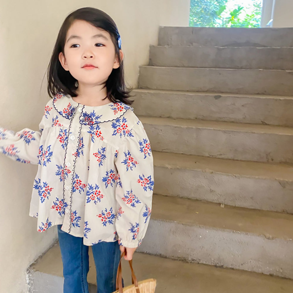 Girls Regular Fit Peter Pan Collar Floral Printed Cotton Casual Shirt