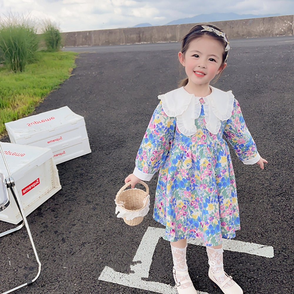 Girls Floral Printed Peter Pan Collar Cotton A-Line Dress