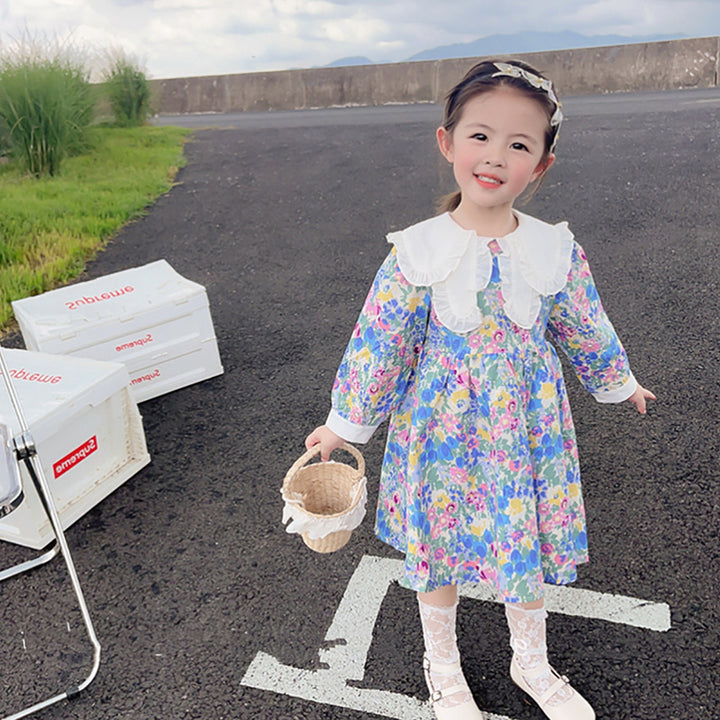 Girls Floral Printed Peter Pan Collar Cotton A-Line Dress