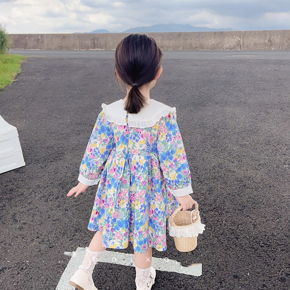 Girls Floral Printed Peter Pan Collar Cotton A-Line Dress