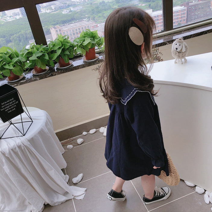 Girls Peter Pan Collar Puff Sleeves Cotton A-Line Dress