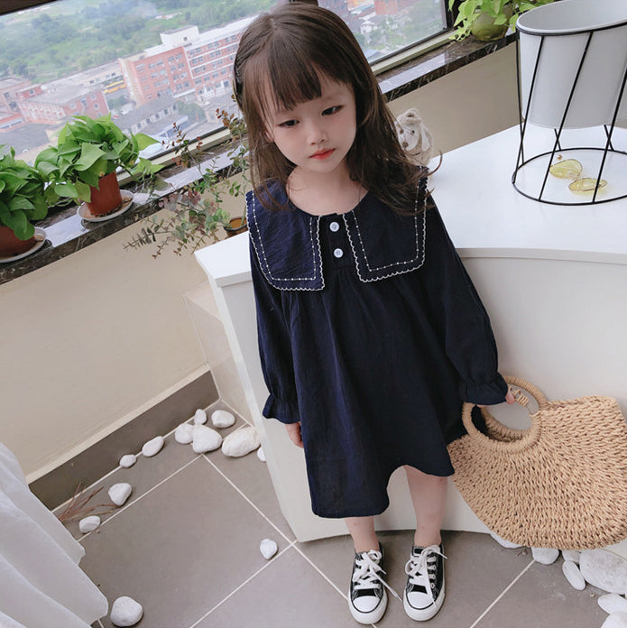 Girls Peter Pan Collar Puff Sleeves Cotton A-Line Dress