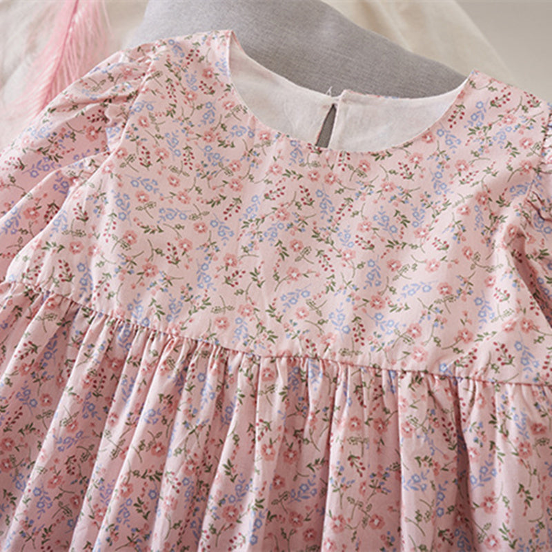 Girls Floral Printed Puff Sleeves Cotton A-Line Dress