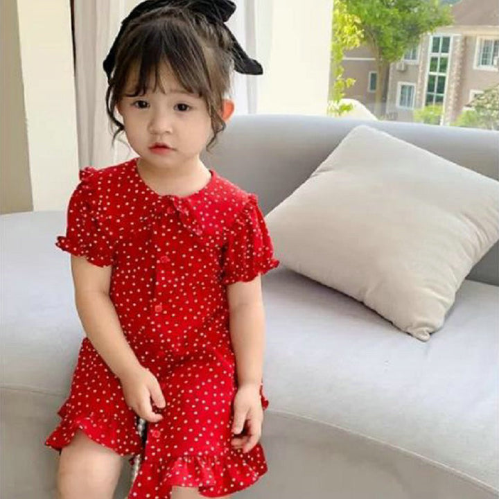 Girls Polka Dot Printed Ruffled A-Line Midi Dress