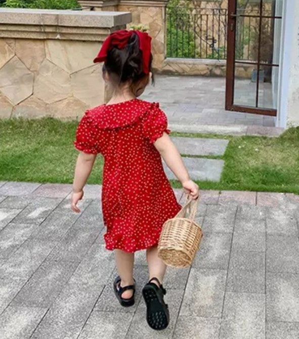 Girls Polka Dot Printed Ruffled A-Line Midi Dress