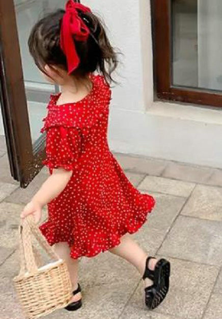 Girls Polka Dot Printed Ruffled A-Line Midi Dress