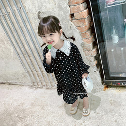 Girls Polka Dot Printed Peter Pan Collar A-Line Dress