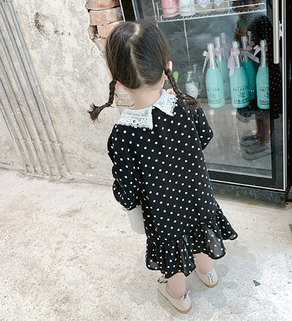 Girls Polka Dot Printed Peter Pan Collar A-Line Dress