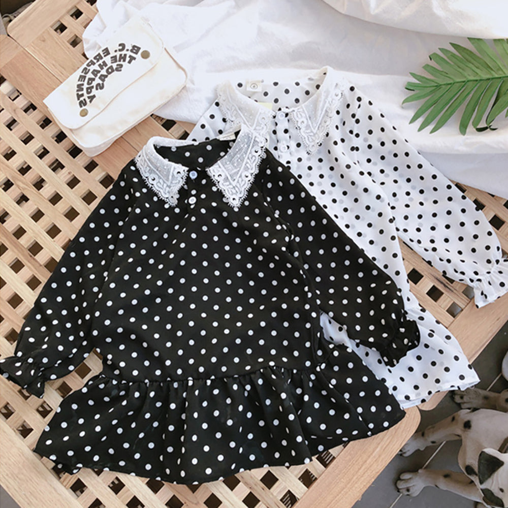 Girls Polka Dot Printed Peter Pan Collar A-Line Dress