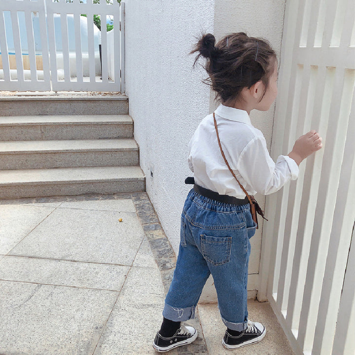 Girls Spread Collar Solid Cotton Casual Shirt