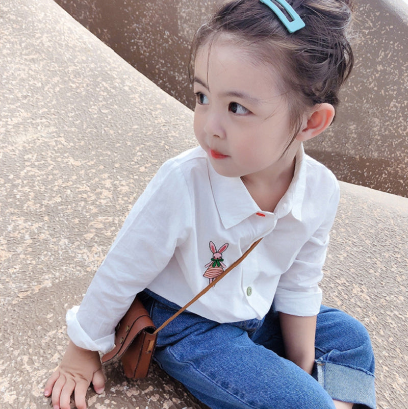Girls Spread Collar Solid Cotton Casual Shirt