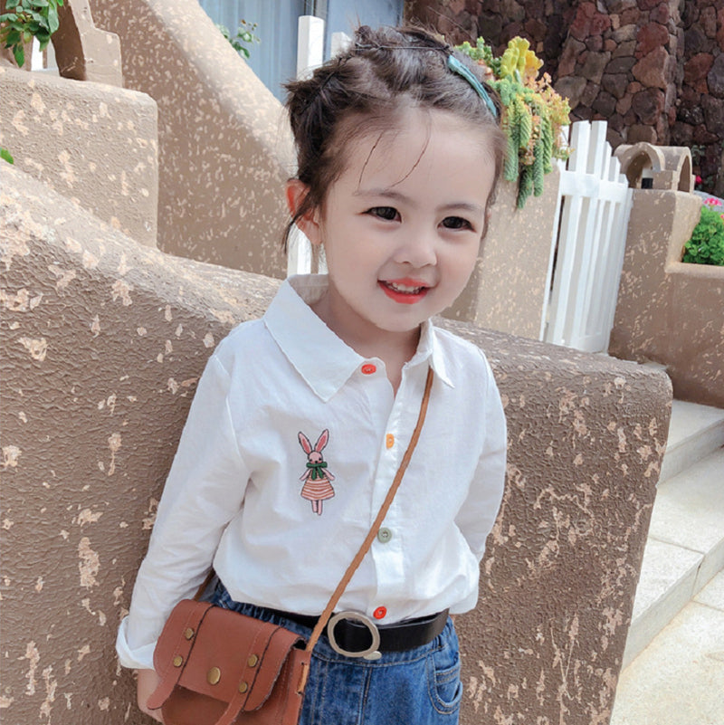Girls Spread Collar Solid Cotton Casual Shirt
