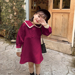 Girls Solid Cotton Peter Pan Collar Puff Sleeve A-Line Dress