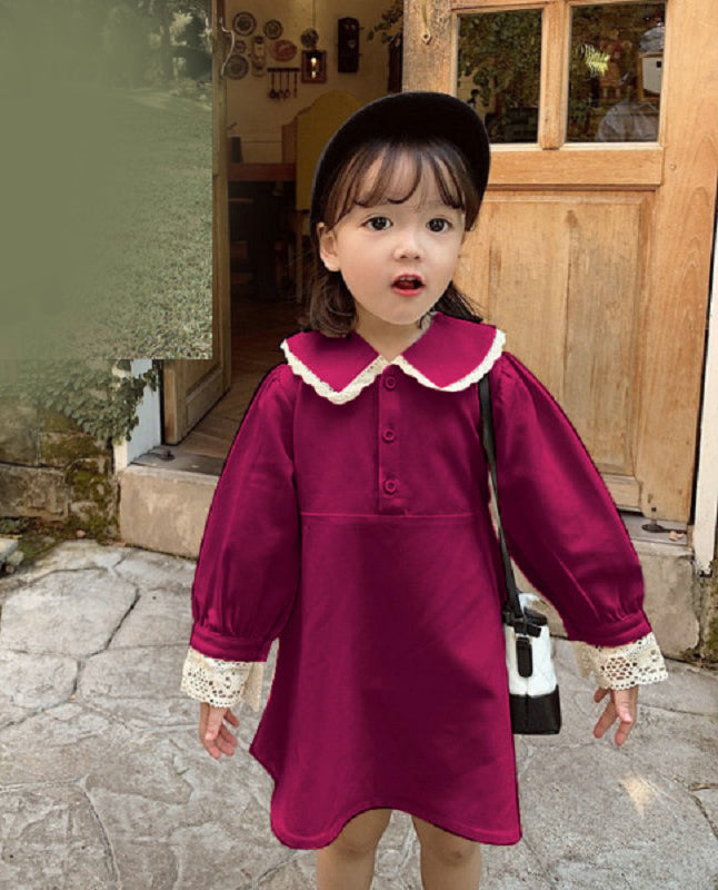 Girls Solid Cotton Peter Pan Collar Puff Sleeve A-Line Dress