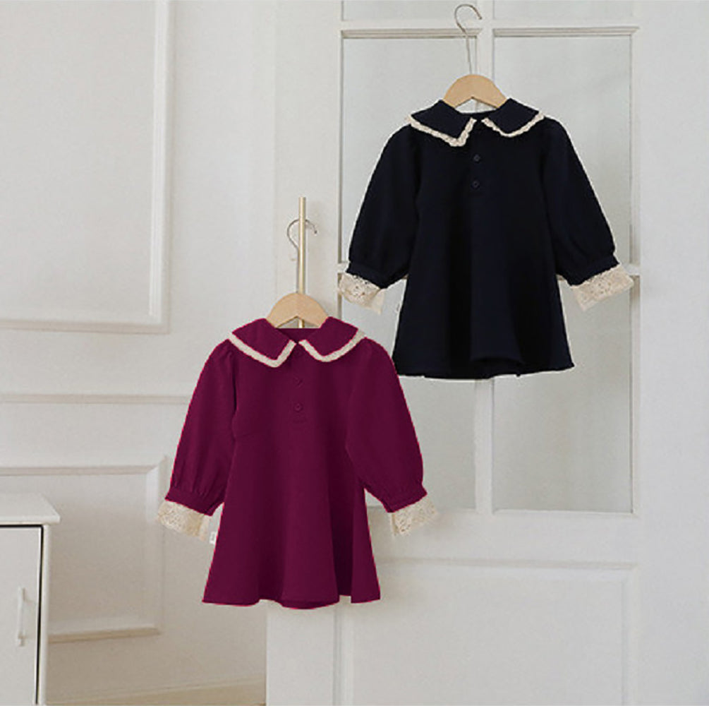 Girls Solid Cotton Peter Pan Collar Puff Sleeve A-Line Dress
