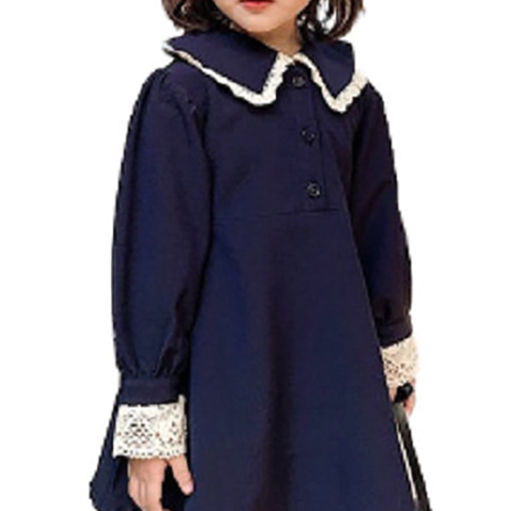 Girls Peter Pan Collar Puff Sleeve Cotton A-Line Dress