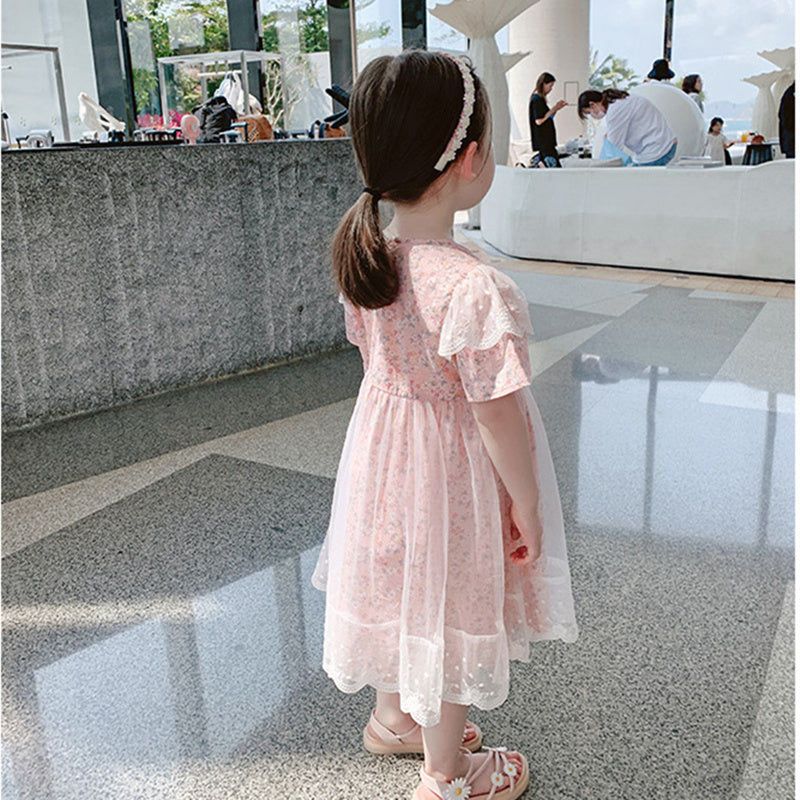 Girls Floral Printed Net Fit & Flare Midi Dress