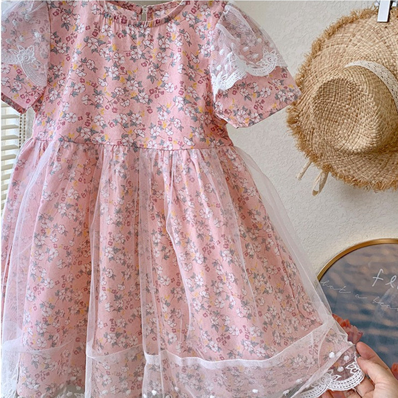 Girls Floral Printed Net Fit & Flare Midi Dress