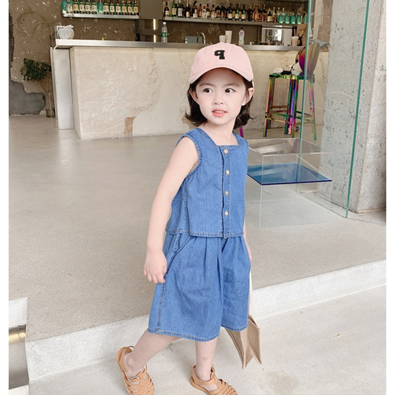 Girls Square Neck Sleeveless Pure Cotton Top With Short