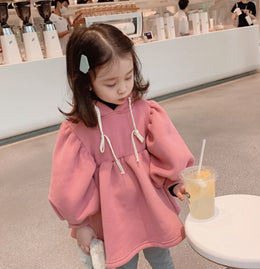 Girls Puff Sleeve Hooded A-Line Midi Dress