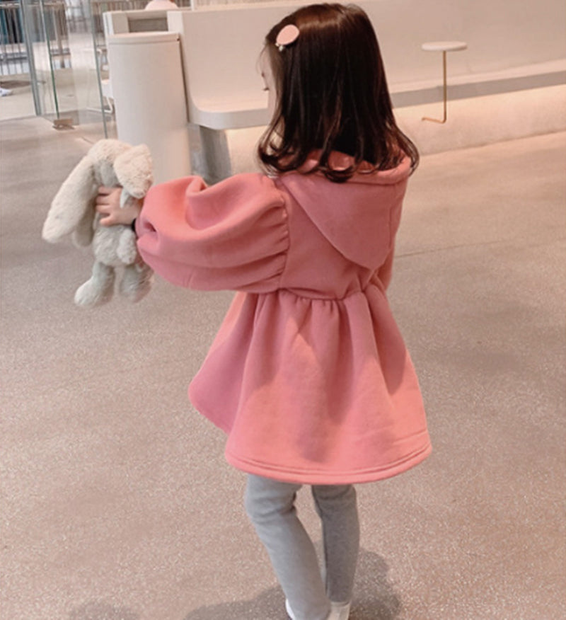 Girls Puff Sleeve Hooded A-Line Midi Dress