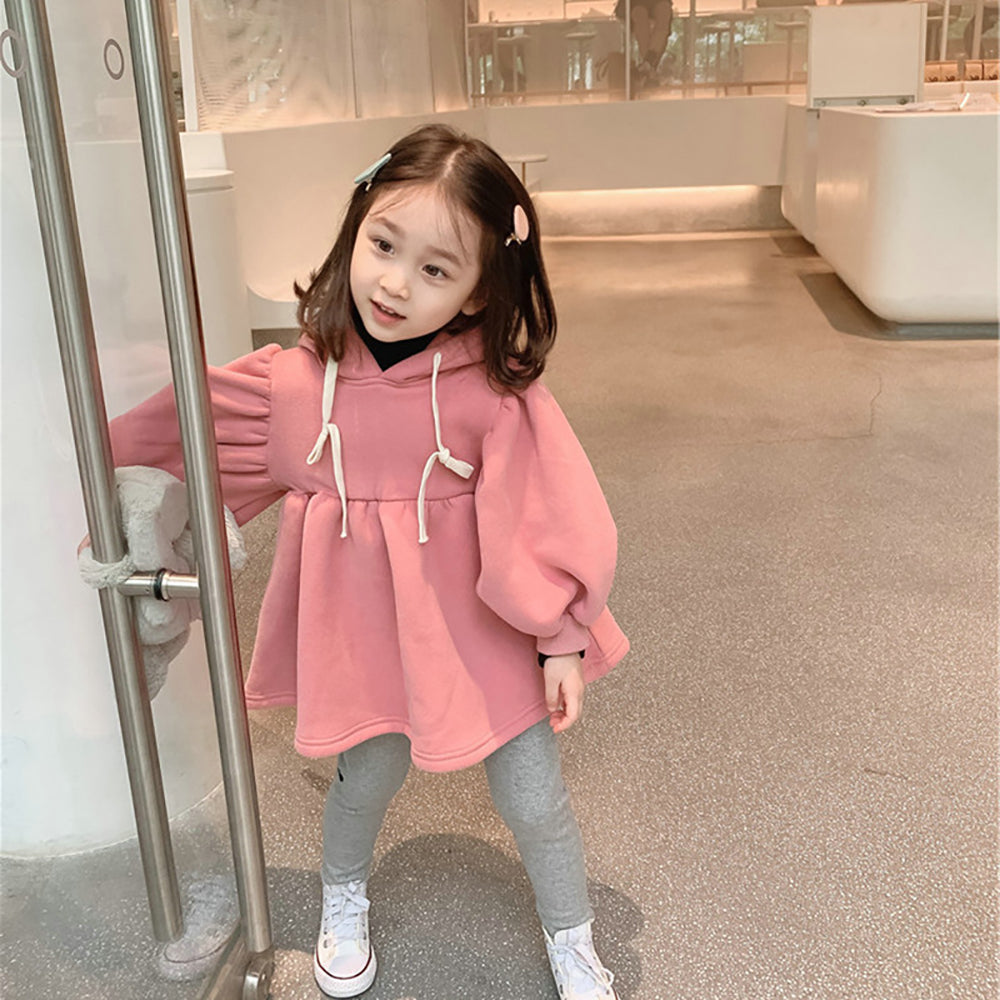 Girls Puff Sleeve Hooded A-Line Midi Dress