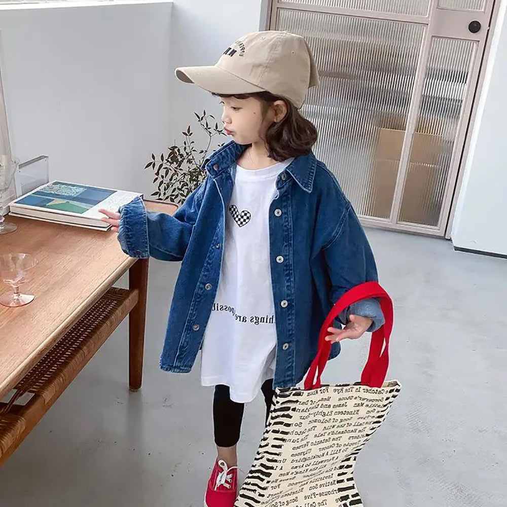 Girls Oversized Fit Cutaway Collar Solid Cotton Casual Shirt