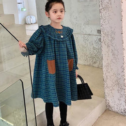 Girls Checked Puff Sleeve A-Line Dress