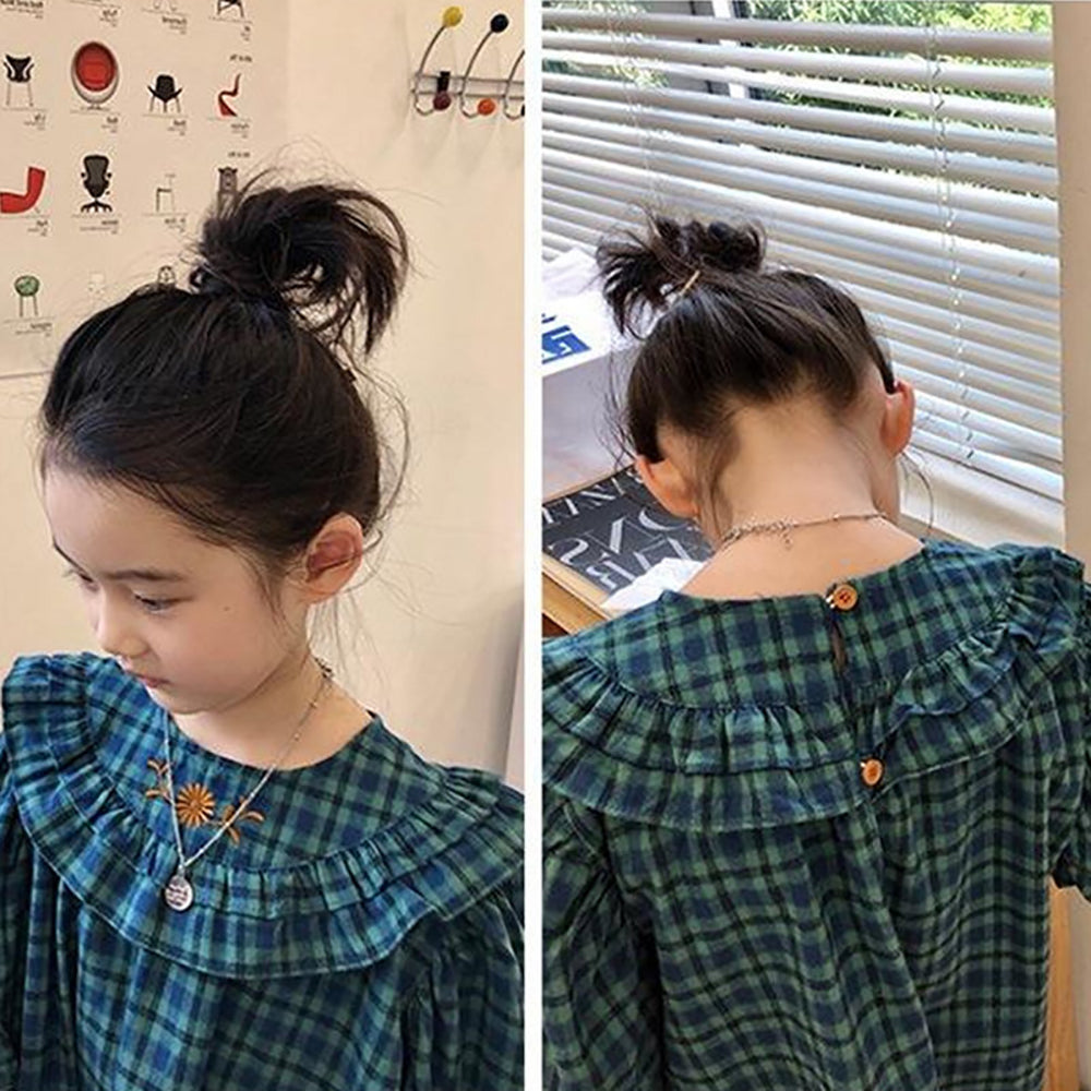 Girls Checked Puff Sleeve A-Line Dress
