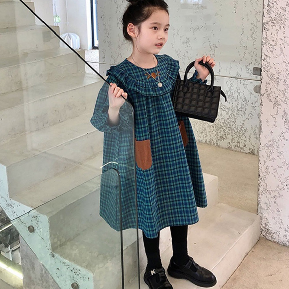 Girls Checked Puff Sleeve A-Line Dress