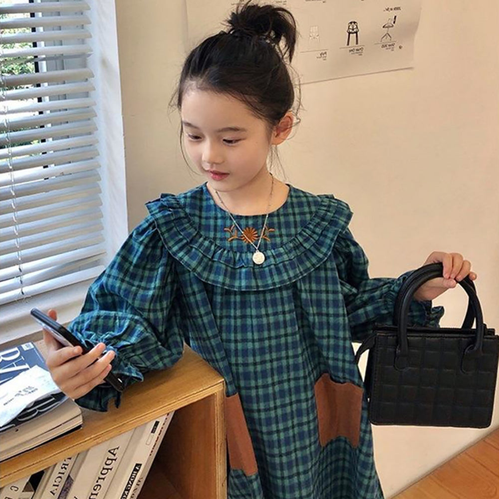 Girls Checked Puff Sleeve A-Line Dress
