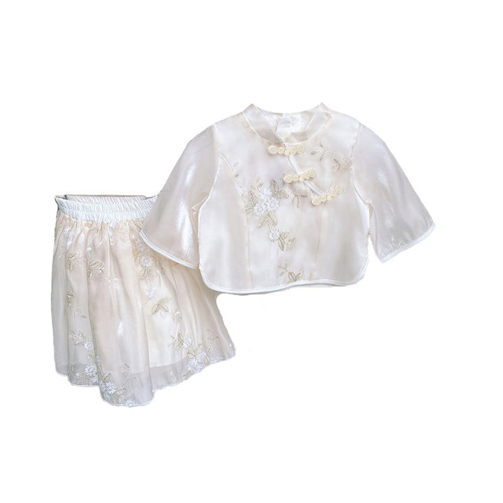 Girls Floral Embroidered Mandarin Collar Top with Skirt