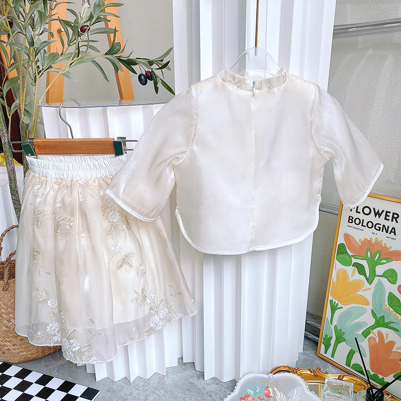 Girls Floral Embroidered Mandarin Collar Top with Skirt
