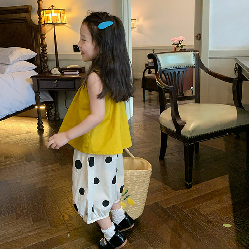 Girls Yellow & Whie Sleeveless Top with Trousers