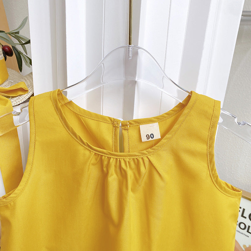 Girls Yellow & Whie Sleeveless Top with Trousers