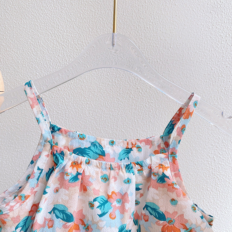 Girls Printed Shoulder Straps Top With Trouser