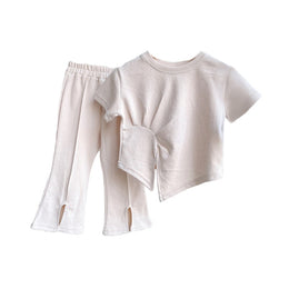 Girls Beige Round Neck Pure Cotton Pleated Top With Trousers