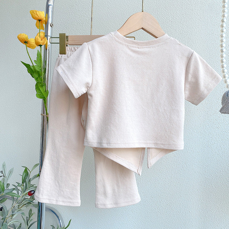 Girls Beige Round Neck Pure Cotton Pleated Top With Trousers