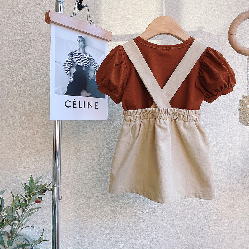 Girls Puff Sleeves Pure Cotton Top with Shorts with suspenders