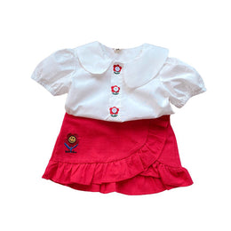Girls Embroidered Peter Pan Collar Pure Cotton Top with Skirt