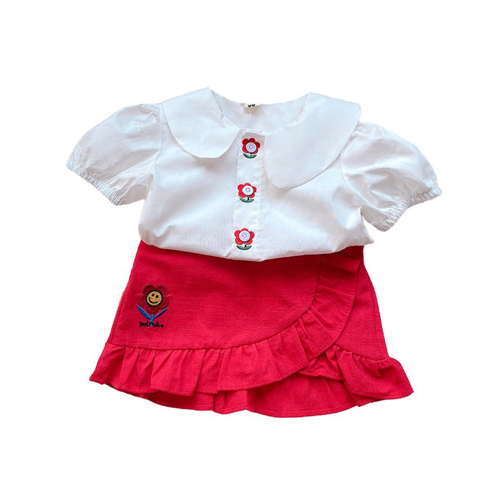 Girls Embroidered Peter Pan Collar Pure Cotton Top with Skirt