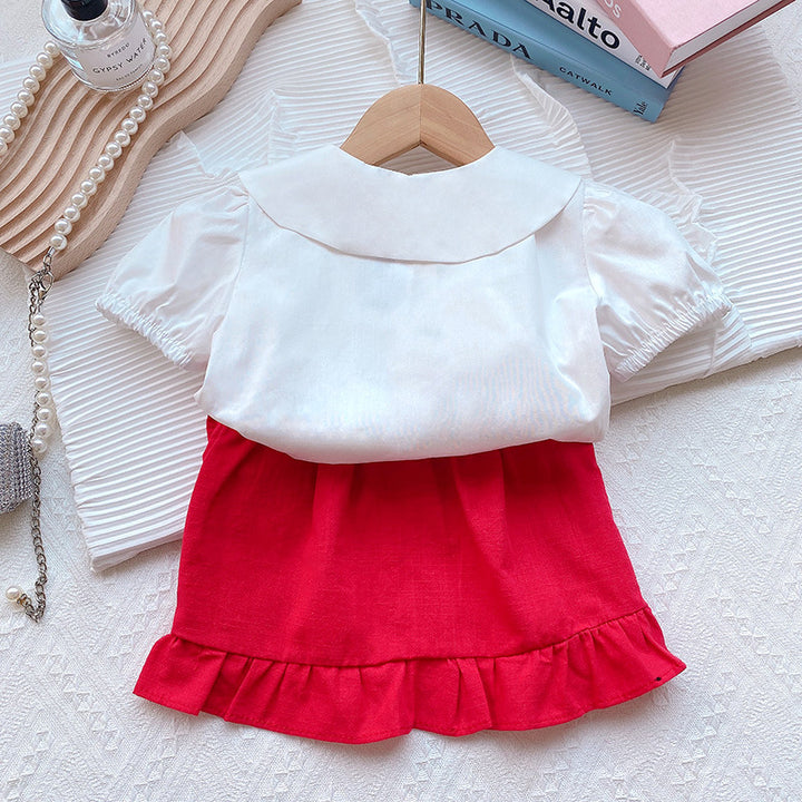 Girls Embroidered Peter Pan Collar Pure Cotton Top with Skirt
