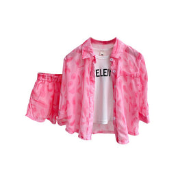 Girls Pink & White Printed T-shirt and Shirt with Shorts