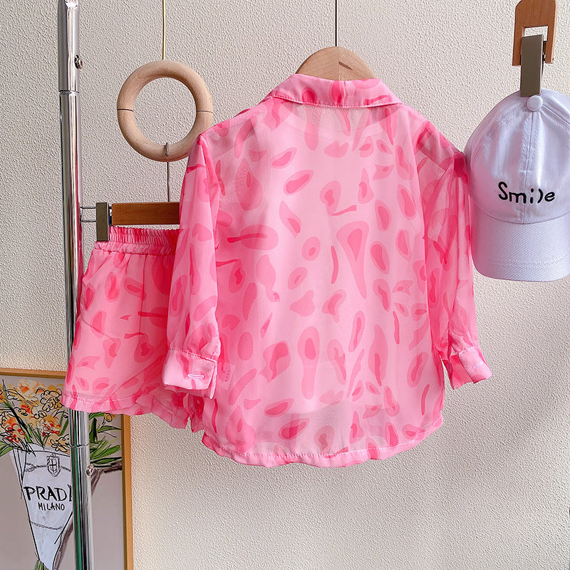 Girls Pink & White Printed T-shirt and Shirt with Shorts