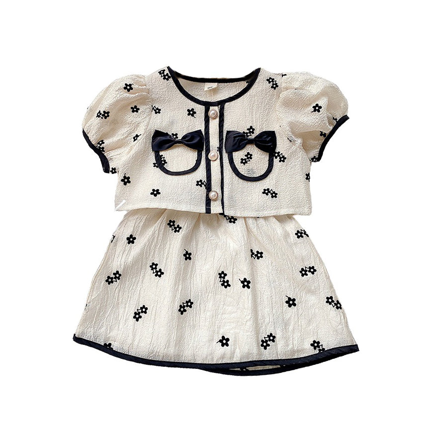 Girls Printed Short Sleeves Puff Sleeves Top With Skirt