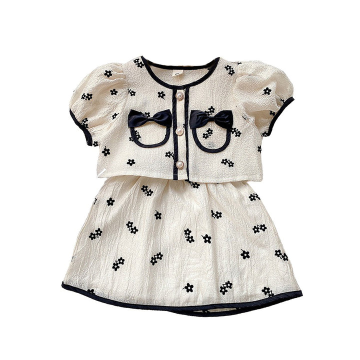 Girls Printed Short Sleeves Puff Sleeves Top With Skirt
