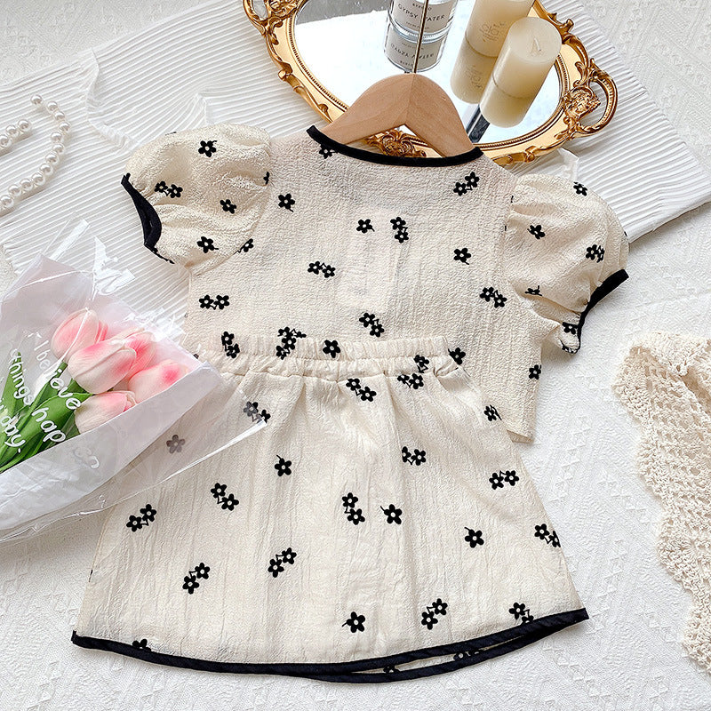 Girls Printed Short Sleeves Puff Sleeves Top With Skirt