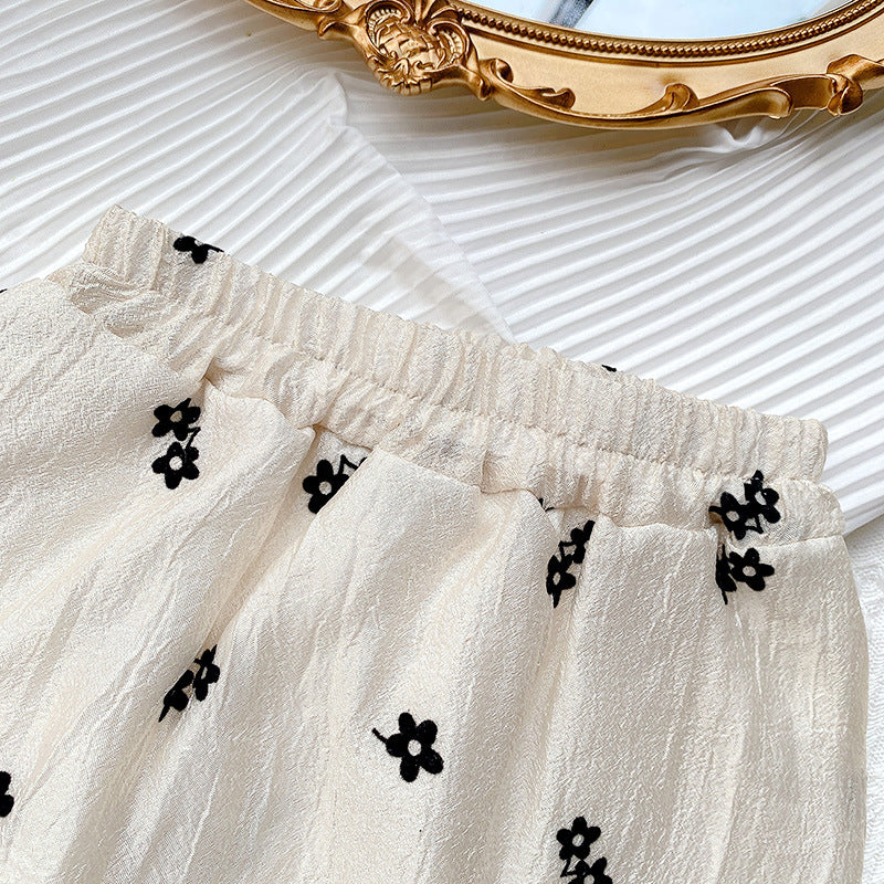 Girls Printed Short Sleeves Puff Sleeves Top With Skirt